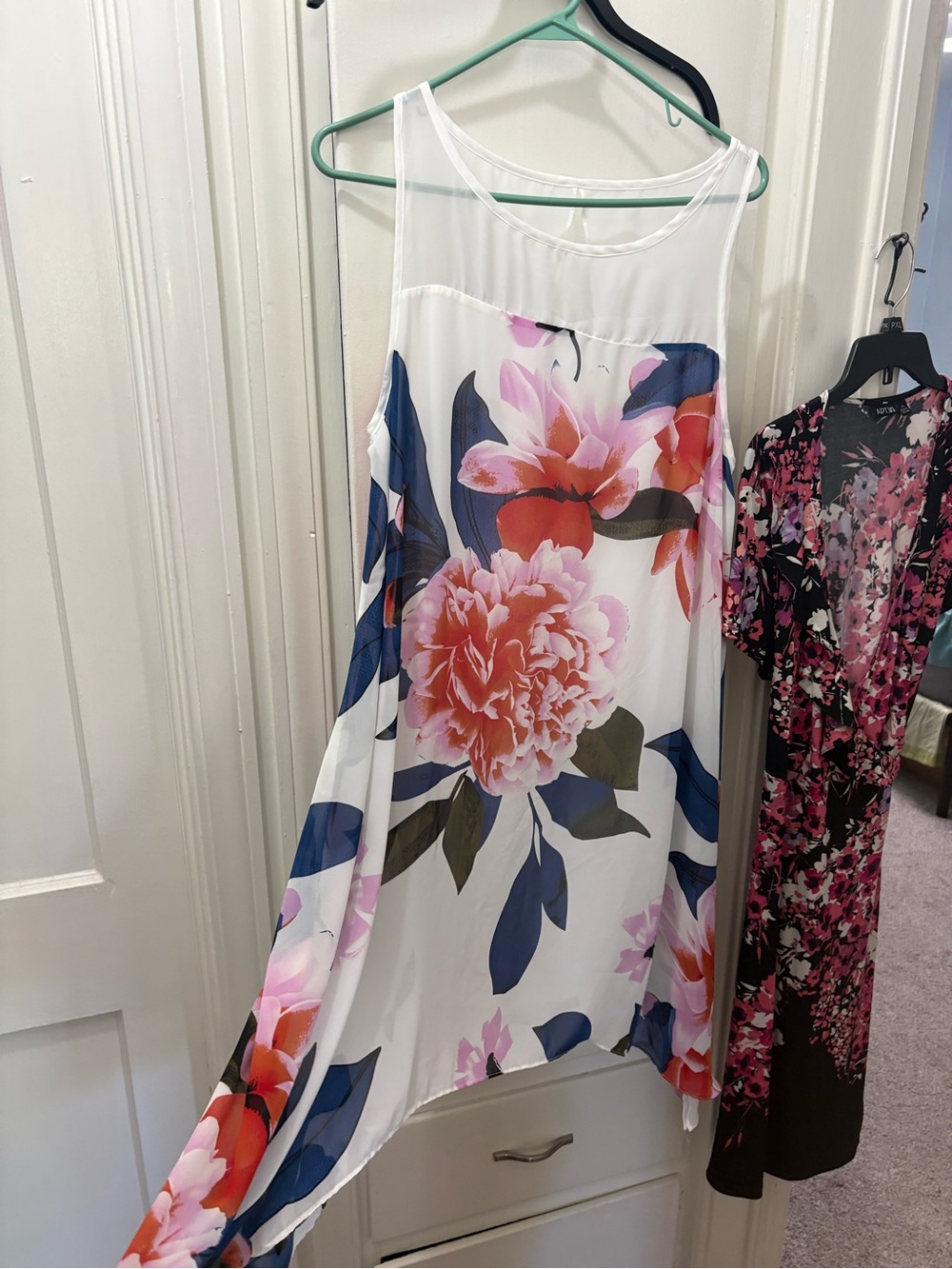 Floral Sleeveless White Maxi Dress with Pink & Blue Blooms